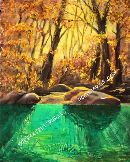 This is a print from an original NERC painting by Mike Wellins, and Unknown. Wellins is co-creator of the Peculiarium. Mike starts with "thrift shop" painting and modifies it.