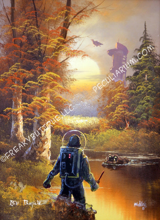 This is a print from an original NERC painting by Mike Wellins, and Unknown. Wellins is co-creator of the Peculiarium. Mike starts with "thrift shop" painting and modifies it.