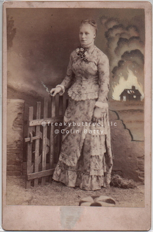 Original Cabinet Card - CC185 Arsonist at Gate with Burning Bard
