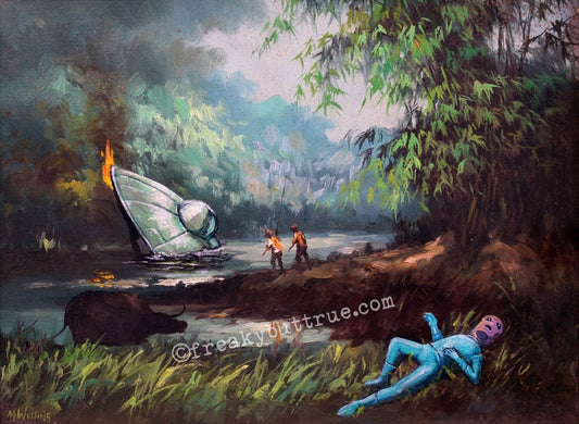 This is a print from an original NERC painting by Mike Wellins, and Unknown. Wellins is co-creator of the Peculiarium. Mike starts with "thrift shop" painting and modifies it.