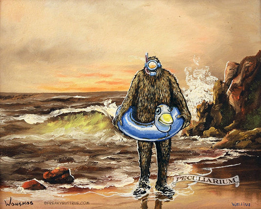 This is a print from an original NERC painting by Mike Wellins, and Unknown. Wellins is co-creator of the Peculiarium. Mike starts with "thrift shop" painting and modifies it.