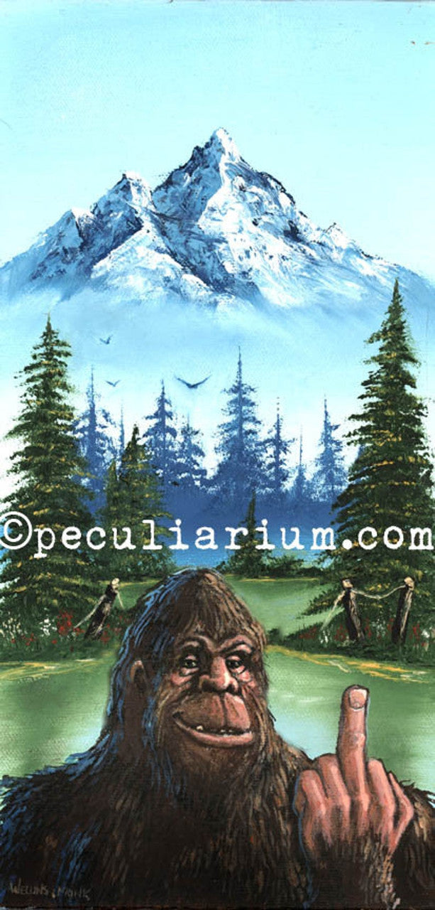This is a print from an original NERC painting by Mike Wellins, and Unknown. Wellins is co-creator of the Peculiarium. Mike starts with "thrift shop" painting and modifies it.