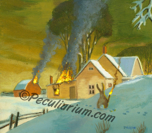 This is a print from an original NERC painting by Mike Wellins, and Unknown. Wellins is co-creator of the Peculiarium. Mike starts with "thrift shop" painting and modifies it.