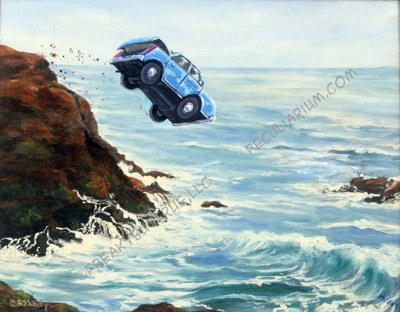 This is a print from an original NERC painting by Mike Wellins, and Unknown. Wellins is co-creator of the Peculiarium. Mike starts with "thrift shop" painting and modifies it.