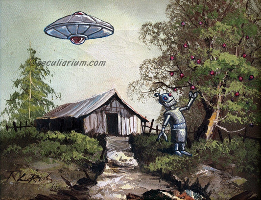 This is a print from an original NERC painting by Mike Wellins, and Unknown. Wellins is co-creator of the Peculiarium. Mike starts with "thrift shop" painting and modifies it.