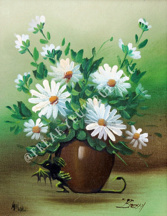 This is a print from an original NERC painting by Mike Wellins, and Unknown. Wellins is co-creator of the Peculiarium. Mike starts with "thrift shop" painting and modifies it.