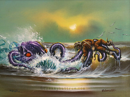 This is a print from an original NERC painting by Mike Wellins, and Unknown. Wellins is co-creator of the Peculiarium. Mike starts with "thrift shop" painting and modifies it.