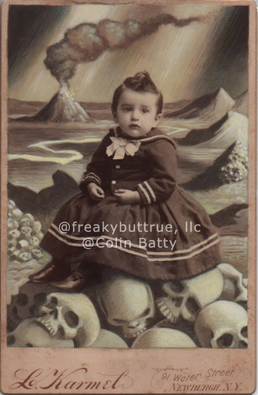 Girl on Skulls with Volcano Print by Colin Batty