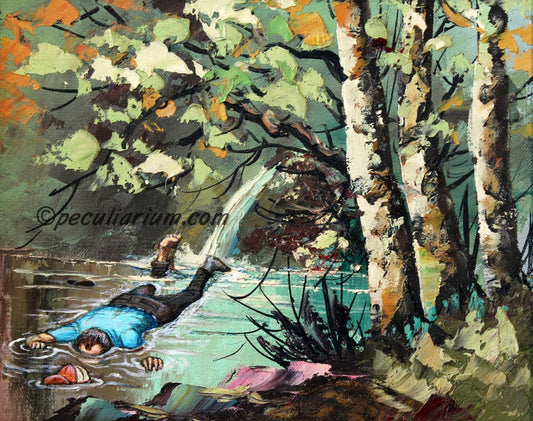 This is a print from an original NERC painting by Mike Wellins, and Unknown. Wellins is co-creator of the Peculiarium. Mike starts with "thrift shop" painting and modifies it.