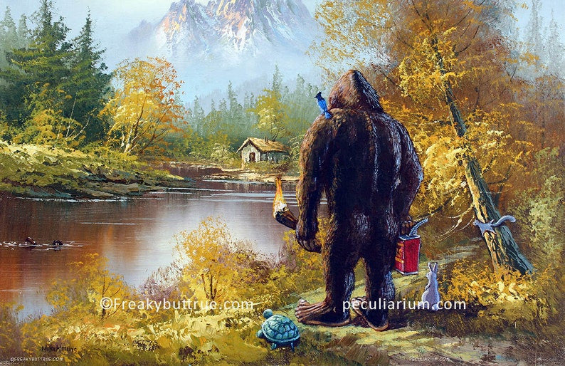 This is a print from an original NERC painting by Mike Wellins, and Unknown. Wellins is co-creator of the Peculiarium. Mike starts with "thrift shop" painting and modifies it.