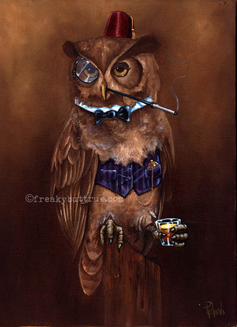 This is a print from an original NERC painting by Mike Wellins, and Unknown. Wellins is co-creator of the Peculiarium. Mike starts with "thrift shop" painting and modifies it.