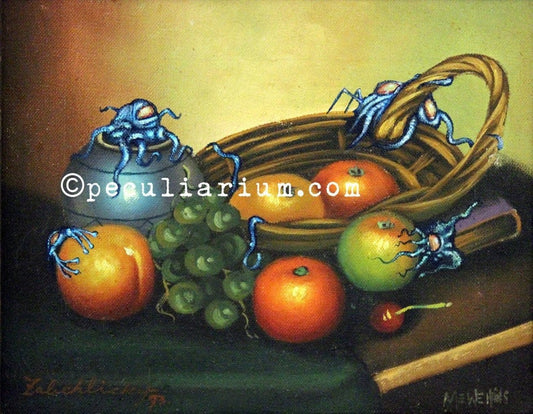 This is a print from an original NERC painting by Mike Wellins, and Unknown. Wellins is co-creator of the Peculiarium. Mike starts with "thrift shop" painting and modifies it.