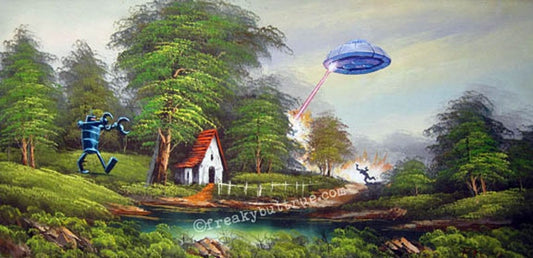 This is a print from an original NERC painting by Mike Wellins, and Unknown. Wellins is co-creator of the Peculiarium. Mike starts with "thrift shop" painting and modifies it.