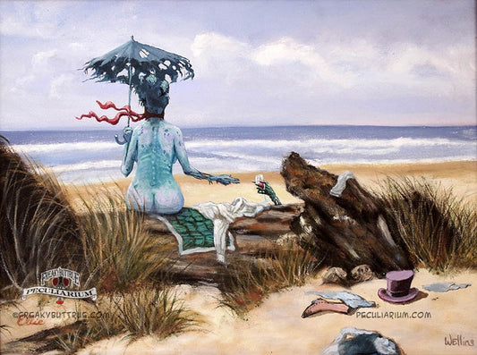 This is a print from an original NERC painting by Mike Wellins, and Unknown. Wellins is co-creator of the Peculiarium. Mike starts with "thrift shop" painting and modifies it.