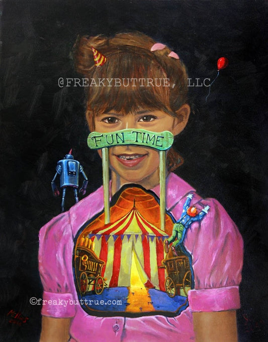 This is a print from an original NERC painting by Mike Wellins, and Unknown. Wellins is co-creator of the Peculiarium. Mike starts with "thrift shop" painting and modifies it.