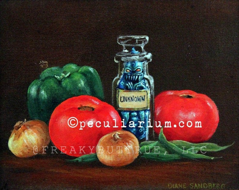 This is a print from an original NERC painting by Mike Wellins, and Unknown. Wellins is co-creator of the Peculiarium. Mike starts with "thrift shop" painting and modifies it.