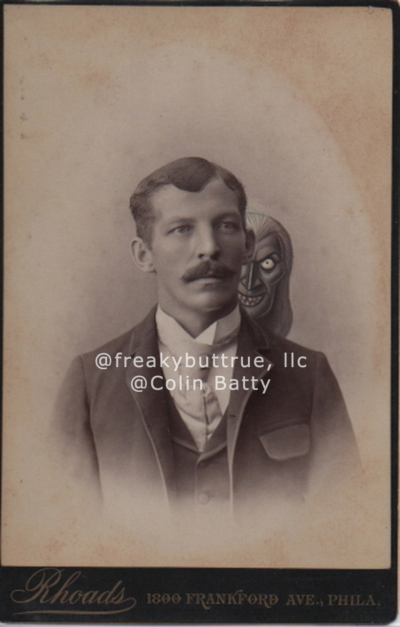 Man with Demon Head Behind Print by Colin Batty