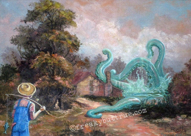 This is a print from an original NERC painting by Mike Wellins, and Unknown. Wellins is co-creator of the Peculiarium. Mike starts with "thrift shop" painting and modifies it.