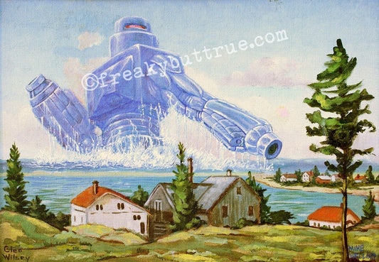 This is a print from an original NERC painting by Mike Wellins, and Unknown. Wellins is co-creator of the Peculiarium. Mike starts with "thrift shop" painting and modifies it.