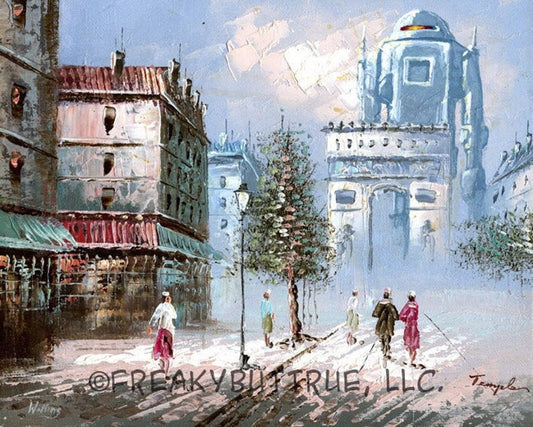 This is a print from an original NERC painting by Mike Wellins, and Unknown. Wellins is co-creator of the Peculiarium. Mike starts with "thrift shop" painting and modifies it.