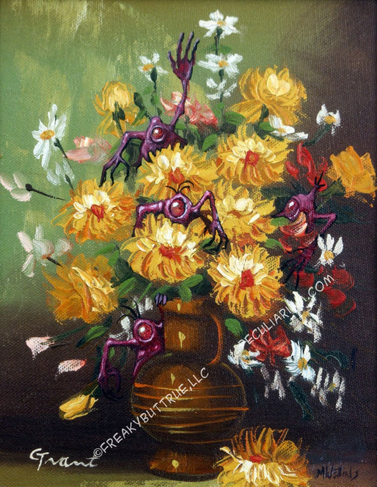 This is a print from an original NERC painting by Mike Wellins, and Unknown. Wellins is co-creator of the Peculiarium. Mike starts with "thrift shop" painting and modifies it.