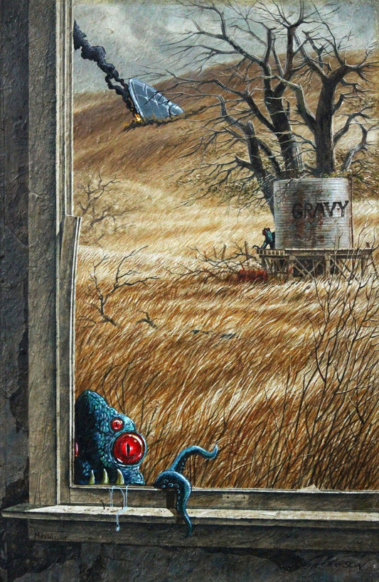 This is a print from an original NERC painting by Mike Wellins, and Unknown. Wellins is co-creator of the Peculiarium. Mike starts with "thrift shop" painting and modifies it.