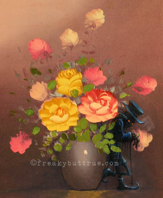 This is a print from an original NERC painting by Mike Wellins, and Unknown. Wellins is co-creator of the Peculiarium. Mike starts with "thrift shop" painting and modifies it.