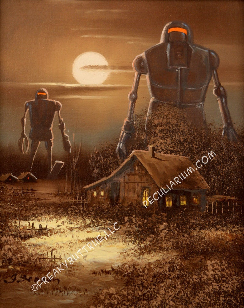 This is a print from an original NERC painting by Mike Wellins, and Unknown. Wellins is co-creator of the Peculiarium. Mike starts with "thrift shop" painting and modifies it.