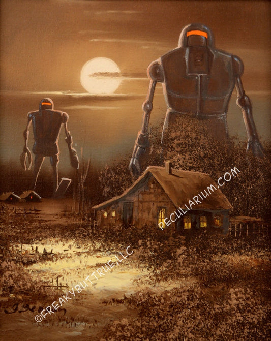 This is a print from an original NERC painting by Mike Wellins, and Unknown. Wellins is co-creator of the Peculiarium. Mike starts with "thrift shop" painting and modifies it.