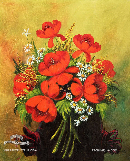 This is a print from an original NERC painting by Mike Wellins, and Unknown. Wellins is co-creator of the Peculiarium. Mike starts with "thrift shop" painting and modifies it.