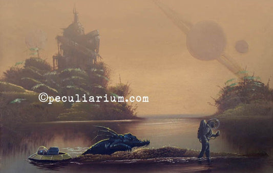 This is a print from an original NERC painting by Mike Wellins, and Unknown. Wellins is co-creator of the Peculiarium. Mike starts with "thrift shop" painting and modifies it.