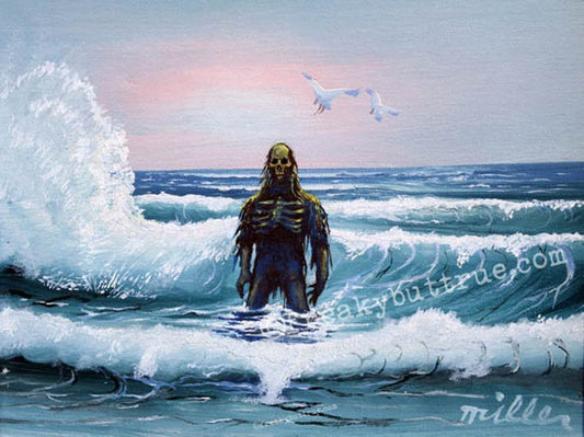 This is a print from an original NERC painting by Mike Wellins, and Unknown. Wellins is co-creator of the Peculiarium. Mike starts with "thrift shop" painting and modifies it.