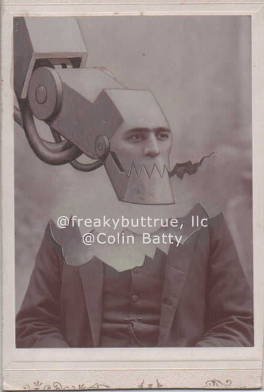 Robot Eats Man's Top Off Print by Colin Batty