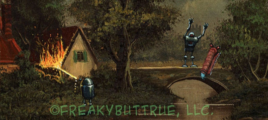 This is a print from an original NERC painting by Mike Wellins, and Unknown. Wellins is co-creator of the Peculiarium. Mike starts with "thrift shop" painting and modifies it.