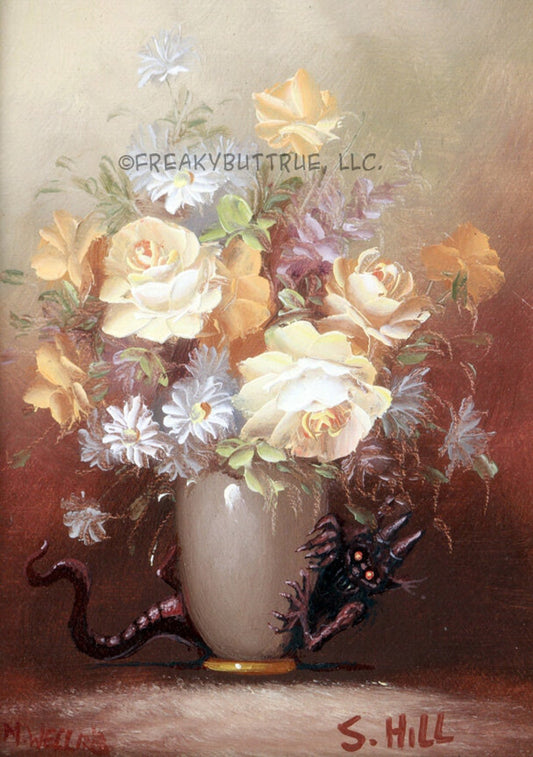 This is a print from an original NERC painting by Mike Wellins, and Unknown. Wellins is co-creator of the Peculiarium. Mike starts with "thrift shop" painting and modifies it.