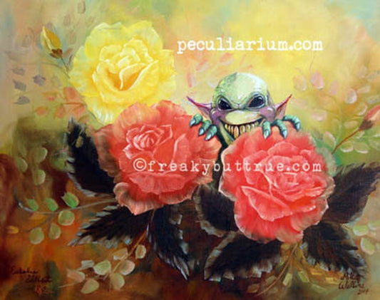 This is a print from an original NERC painting by Mike Wellins, and Unknown. Wellins is co-creator of the Peculiarium. Mike starts with "thrift shop" painting and modifies it.