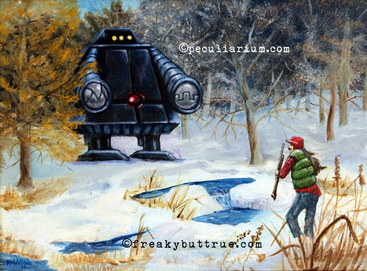 This is a print from an original NERC painting by Mike Wellins, and Unknown. Wellins is co-creator of the Peculiarium. Mike starts with "thrift shop" painting and modifies it.