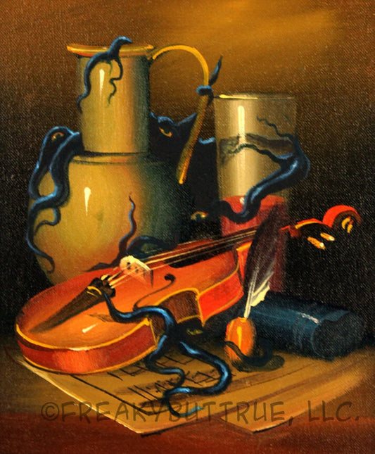 This is a print from an original NERC painting by Mike Wellins, and Unknown. Wellins is co-creator of the Peculiarium. Mike starts with "thrift shop" painting and modifies it.