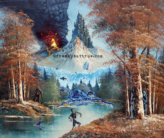 This is a print from an original NERC painting by Mike Wellins, and Unknown. Wellins is co-creator of the Peculiarium. Mike starts with "thrift shop" painting and modifies it.