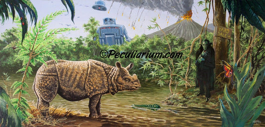 This is a print from an original NERC painting by Mike Wellins, and Unknown. Wellins is co-creator of the Peculiarium. Mike starts with "thrift shop" painting and modifies it.