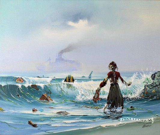 This is a print from an original NERC painting by Mike Wellins, and Unknown. Wellins is co-creator of the Peculiarium. Mike starts with "thrift shop" painting and modifies it.