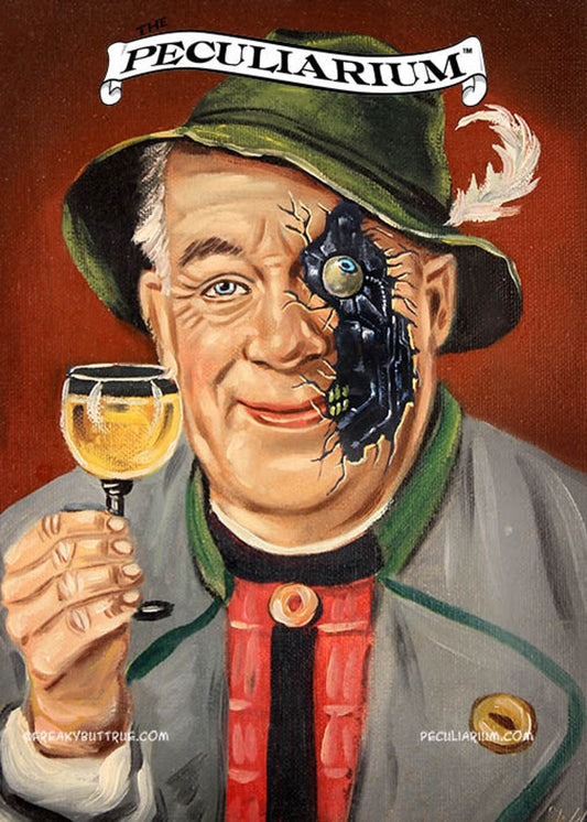 This is a print from an original NERC painting by Mike Wellins, and Unknown. Wellins is co-creator of the Peculiarium. Mike starts with "thrift shop" painting and modifies it.