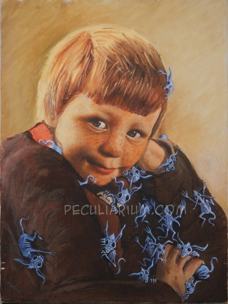 This is a print from an original NERC painting by Mike Wellins, and Unknown. Wellins is co-creator of the Peculiarium. Mike starts with "thrift shop" painting and modifies it.