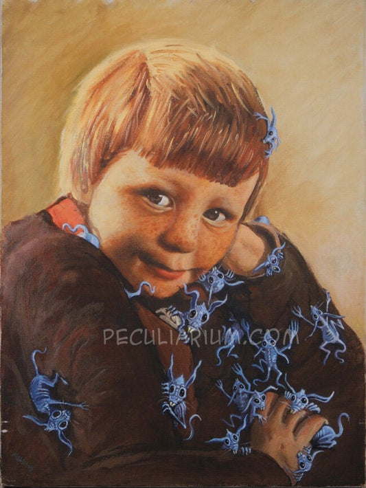 This is a print from an original NERC painting by Mike Wellins, and Unknown. Wellins is co-creator of the Peculiarium. Mike starts with "thrift shop" painting and modifies it.