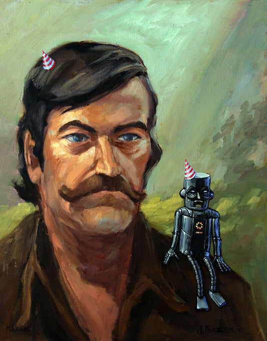 This is a print from an original NERC painting by Mike Wellins, and Unknown. Wellins is co-creator of the Peculiarium. Mike starts with "thrift shop" painting and modifies it.