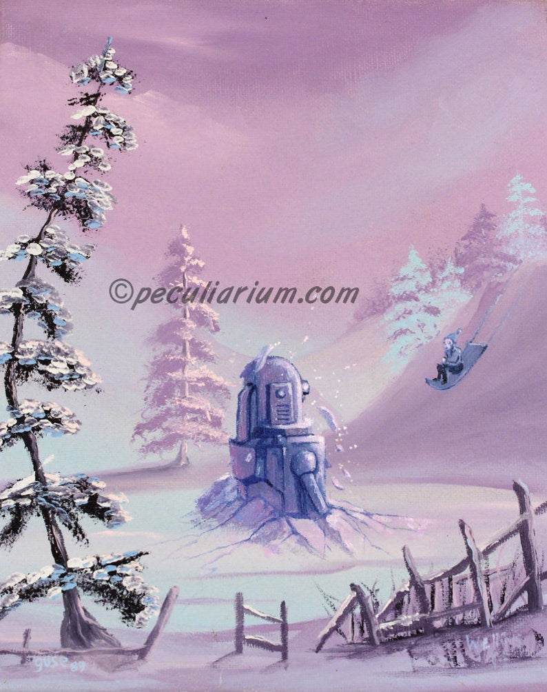 This is a print from an original NERC painting by Mike Wellins, and Unknown. Wellins is co-creator of the Peculiarium. Mike starts with "thrift shop" painting and modifies it.