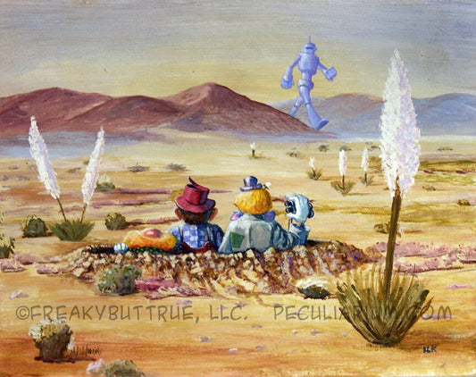 This is a print from an original NERC painting by Mike Wellins, and Unknown. Wellins is co-creator of the Peculiarium. Mike starts with "thrift shop" painting and modifies it.