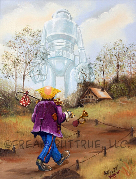 This is a print from an original NERC painting by Mike Wellins, and Unknown. Wellins is co-creator of the Peculiarium. Mike starts with "thrift shop" painting and modifies it.