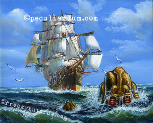 This is a print from an original NERC painting by Mike Wellins, and Unknown. Wellins is co-creator of the Peculiarium. Mike starts with "thrift shop" painting and modifies it.