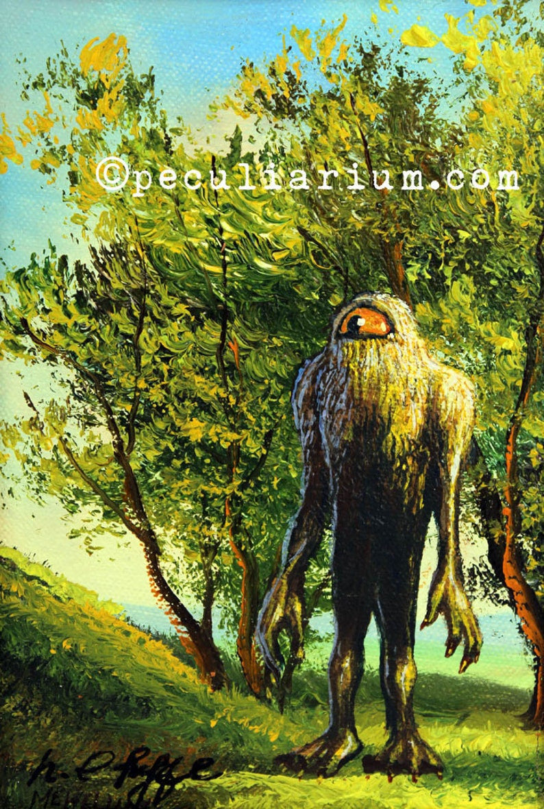 This is a print from an original NERC painting by Mike Wellins, and Unknown. Wellins is co-creator of the Peculiarium. Mike starts with "thrift shop" painting and modifies it.